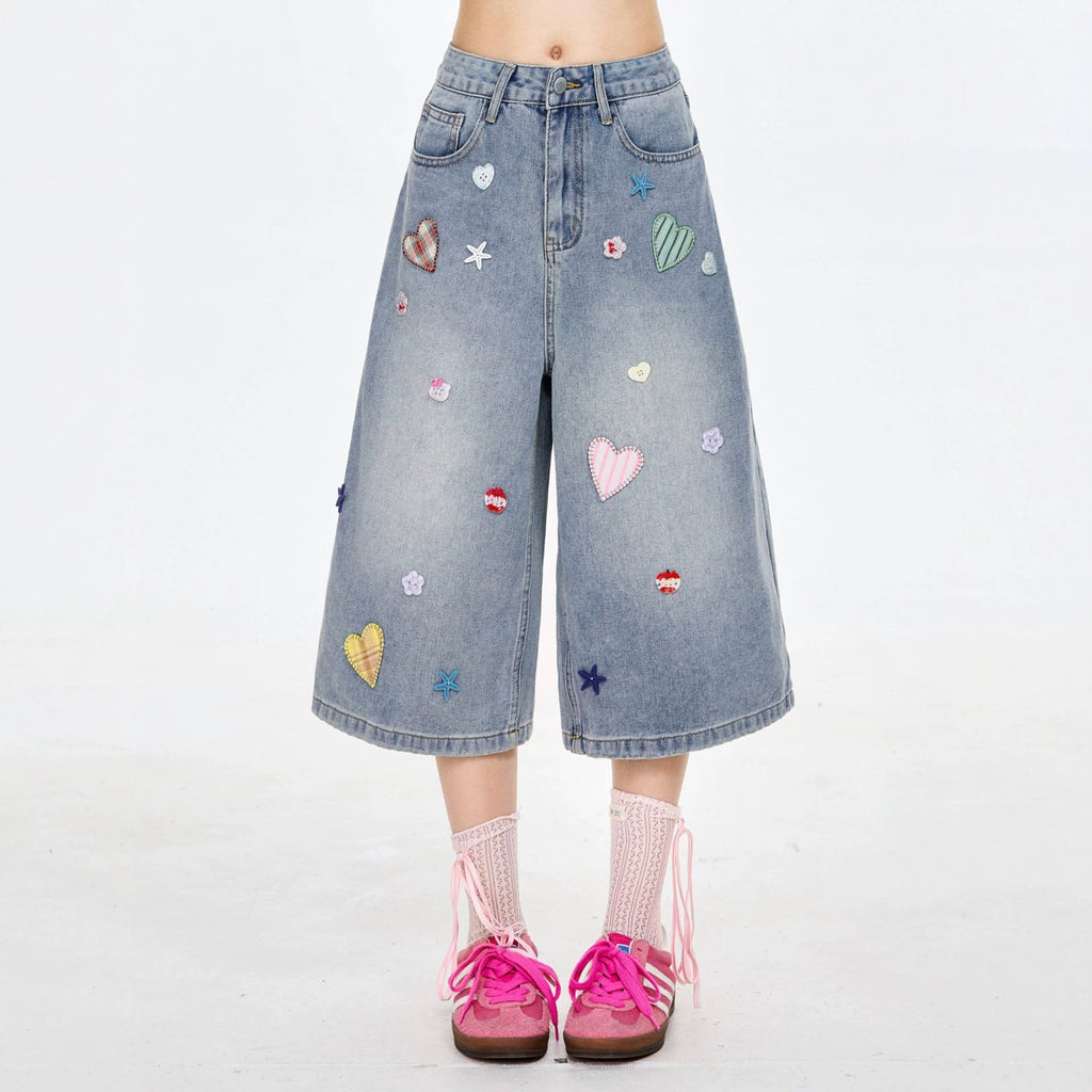 Heart Star Patch Capri Denim Shorts Loose Wide Leg Baggy Cropped Jeans