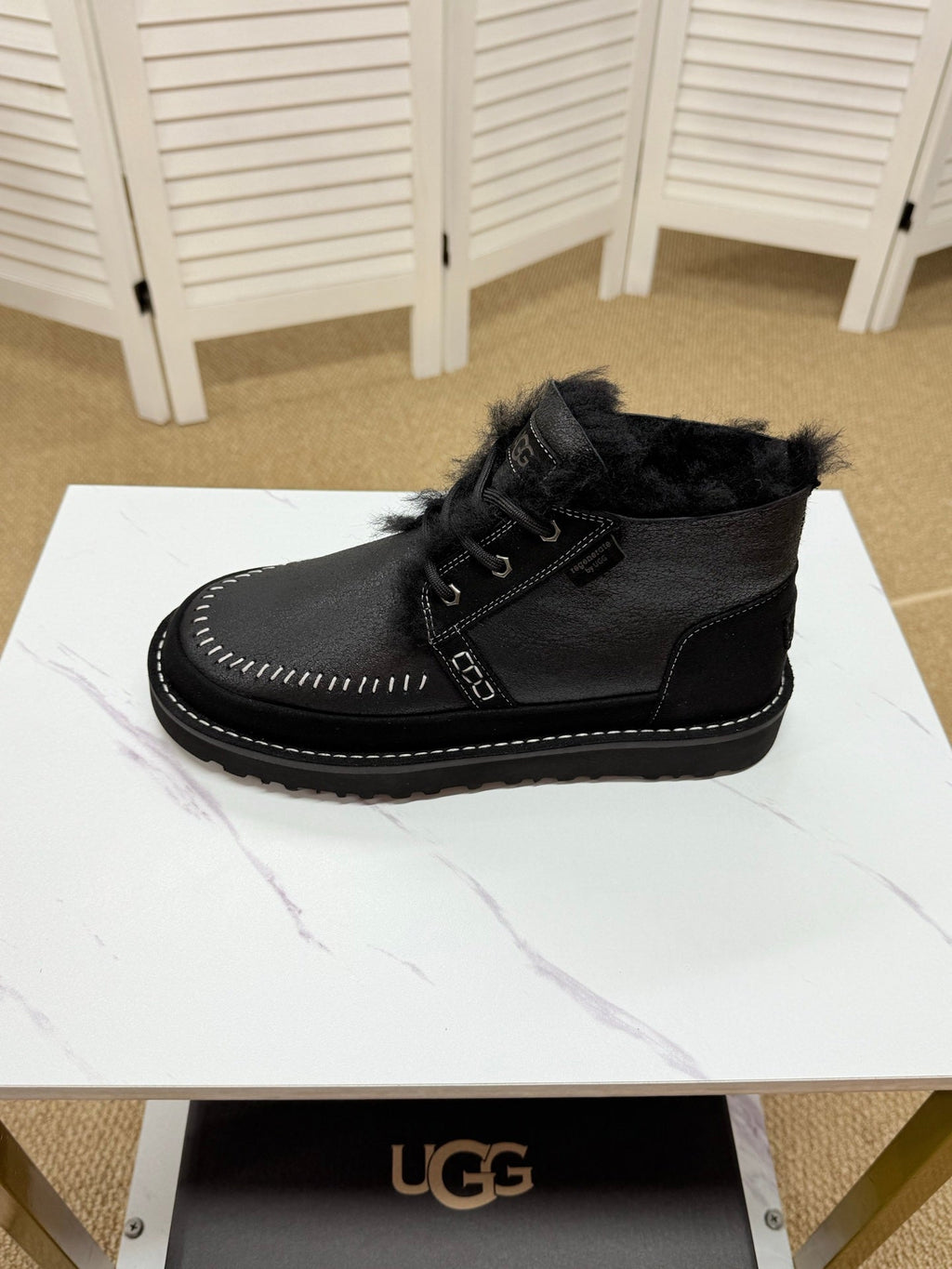 UGG Black Shearling-Collar Leather Boots