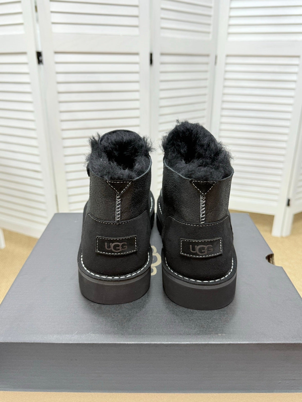 UGG Black Shearling-Collar Leather Boots