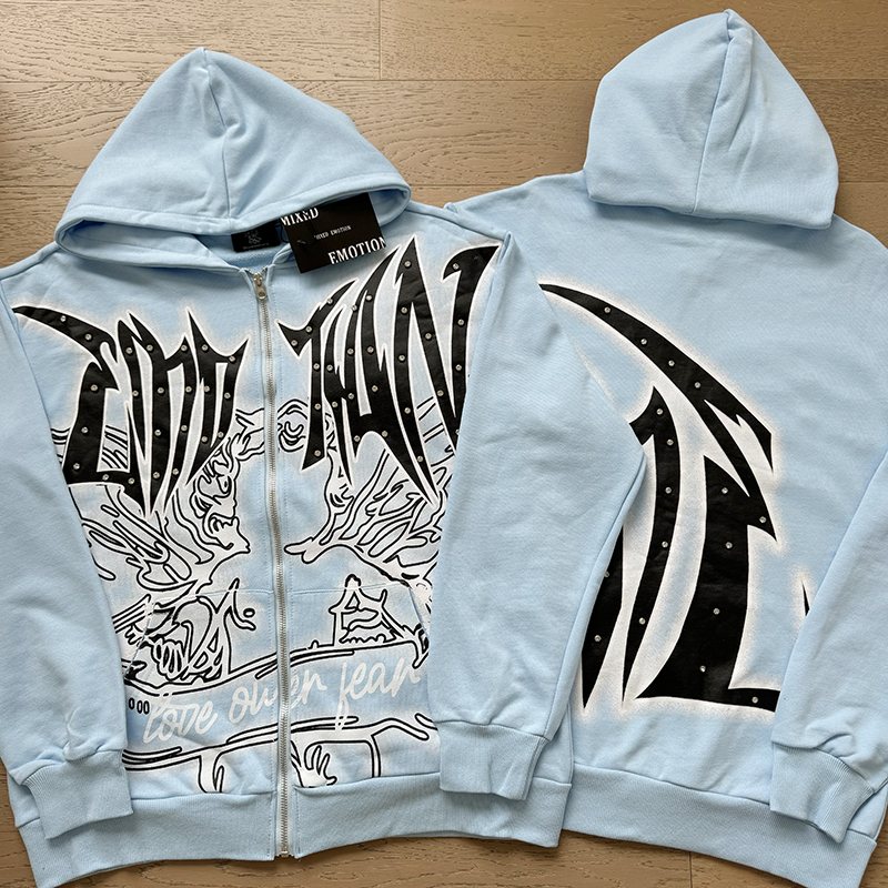 MIXED EMOTION Rhinestone Graphic Full-Zip Hoodie