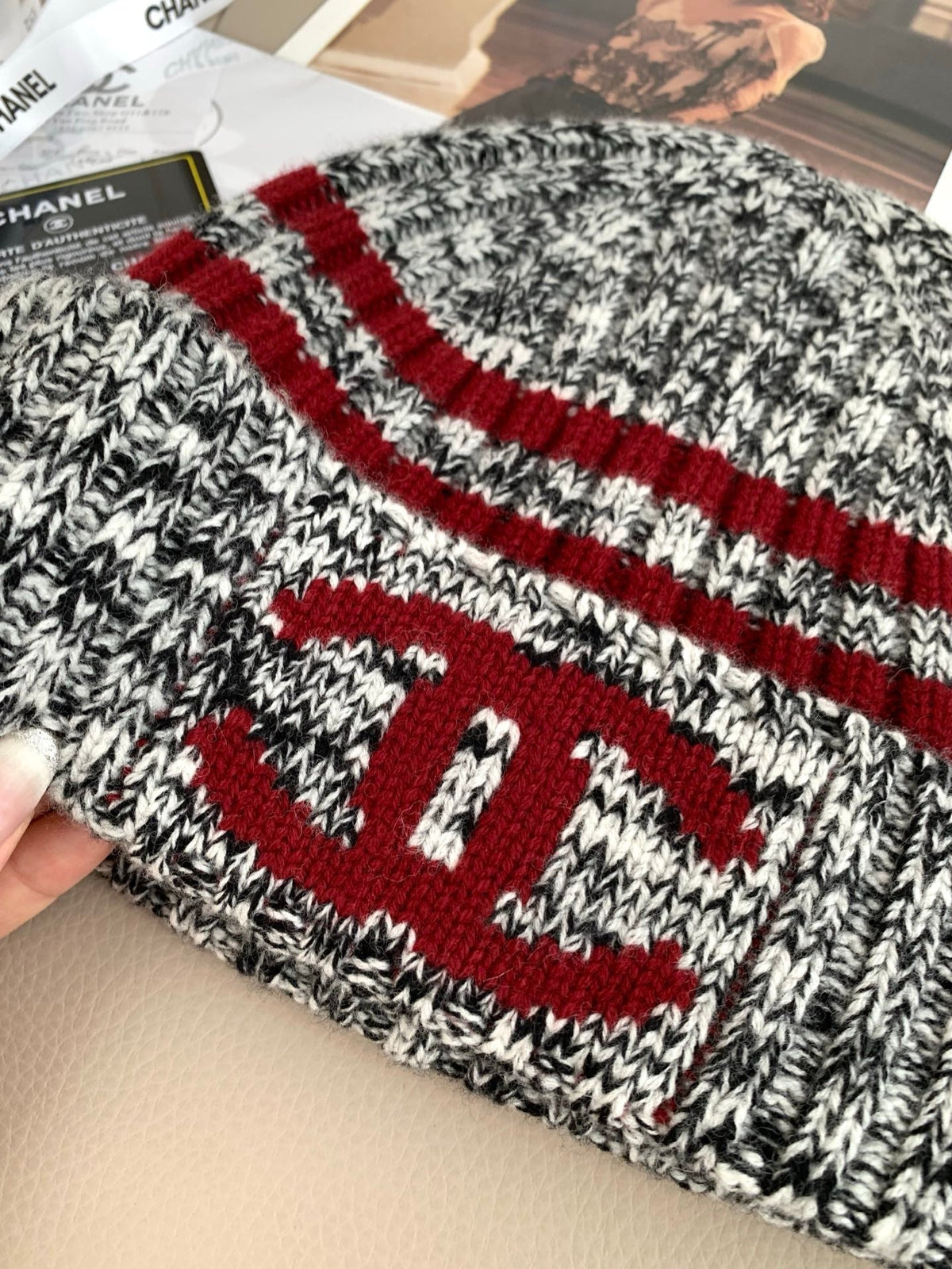 Chanel Style Marled Knit Scarf and Beanie Set