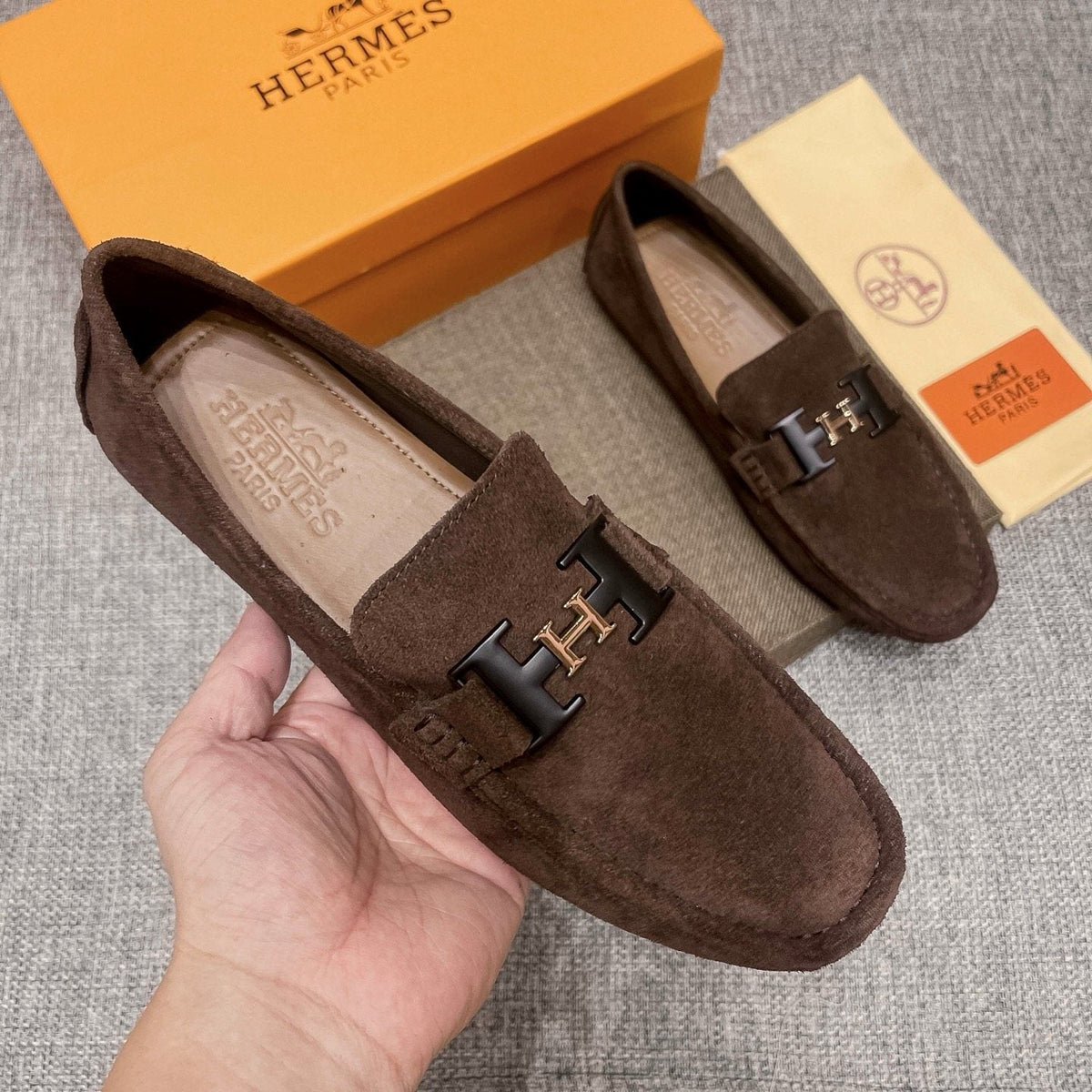 Hermès Brown Suede-Look H Hardware Loafers