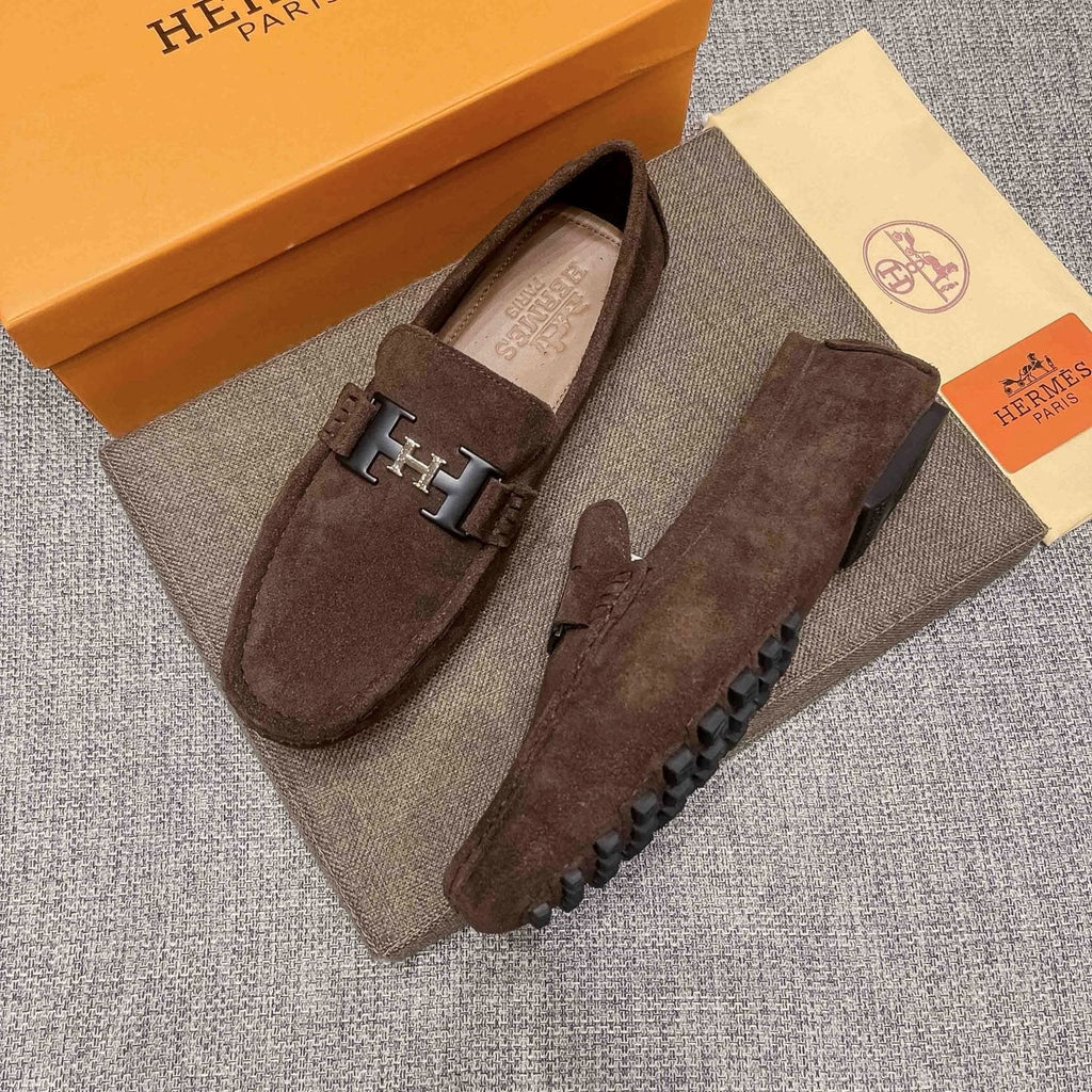Hermès Brown Suede-Look H Hardware Loafers