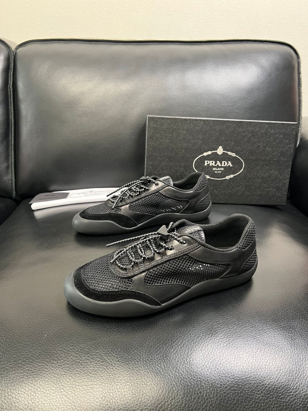 Prada Men's Black and Charcoal Low-Top Sneakers