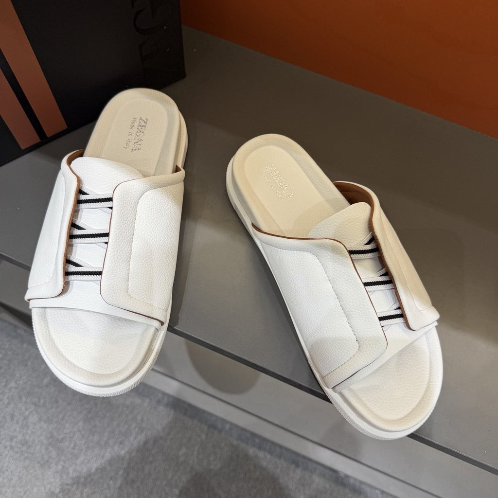 Zegna Men's White Striped Slide Sandals