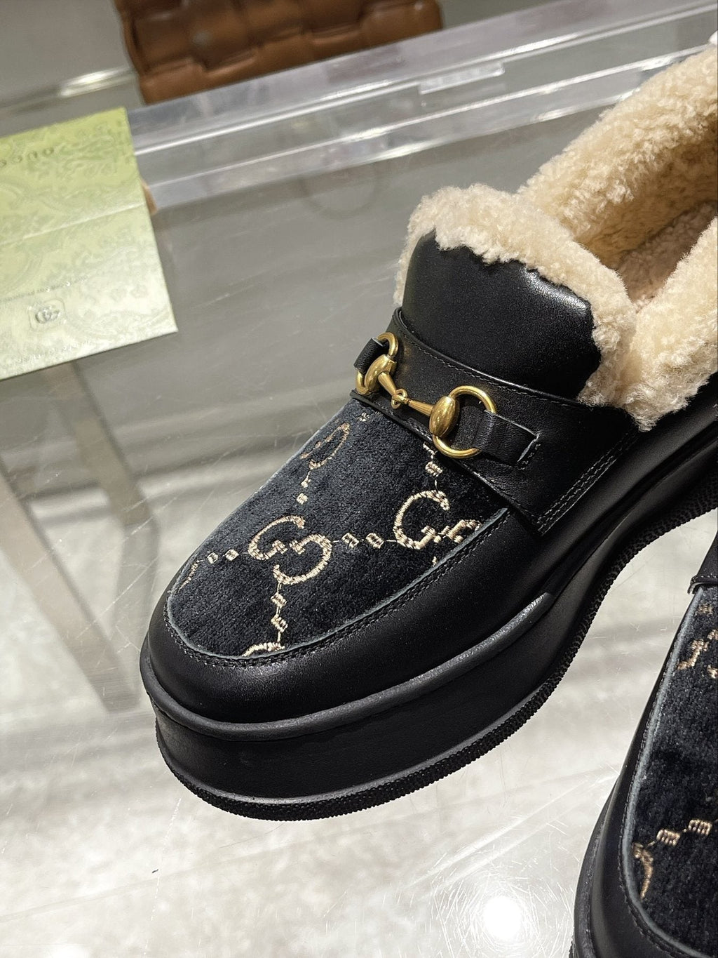 Gucci Patterned Plush-Lined Slip-On Shoes